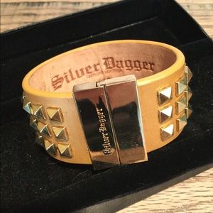 Silver Dagger Leather Gold Studded Cuff Bracelet